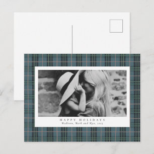 Stoffig Blau Elegant Plaid Eén Foto Feestdagenkaart