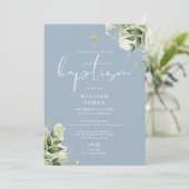 Stoffig blau groen bloemmotief monogram doopfeest kaart (Staand voorkant)
