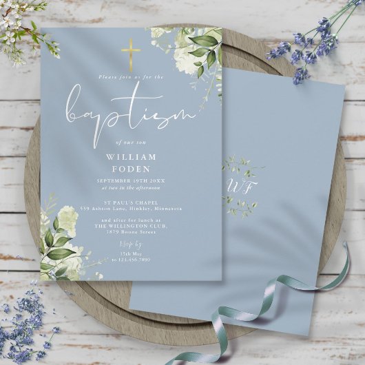 Stoffig blau groen bloemmotief monogram doopfeest kaart