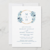 Stoffig blau groenboeket bruiloft monogram kaart (Voorkant)