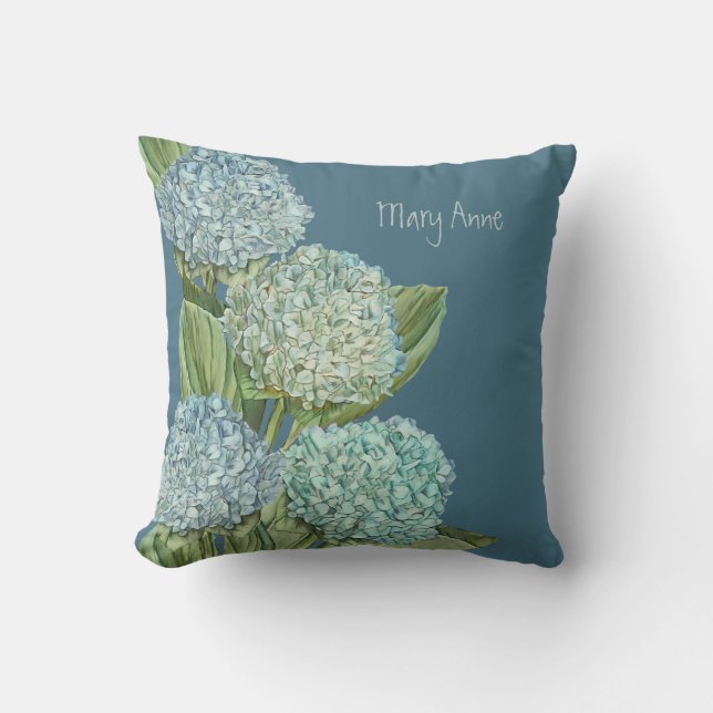 Stoffig Blau Hortensia Boeket Kussen (Voorkant)