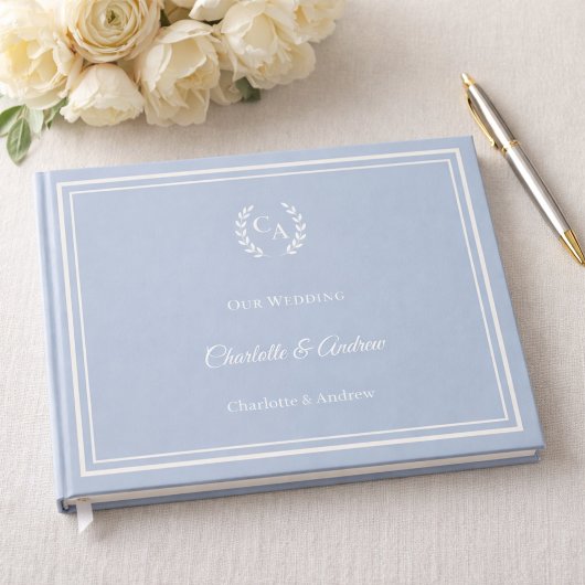 Stoffig blau ivoor monogram krans bruiloft gastenboek