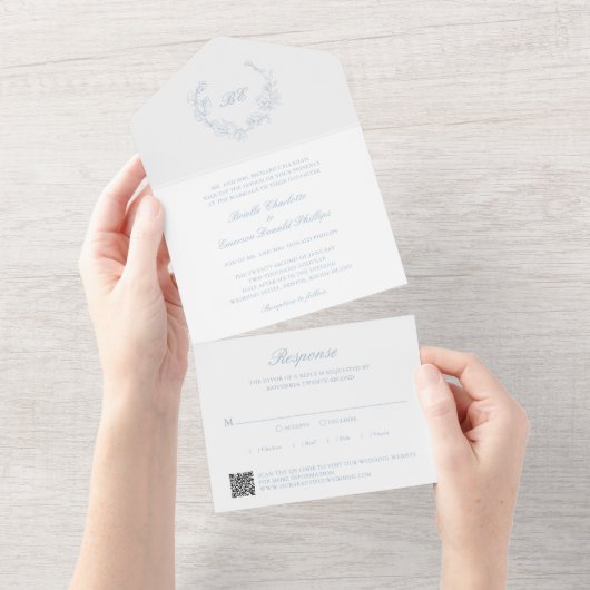 Stoffig blau krans monogram QR-code elegante bruil All In One Uitnodiging (Afscheurbaar)
