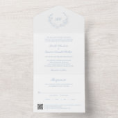 Stoffig blau krans monogram QR-code elegante bruil All In One Uitnodiging (Binnen)