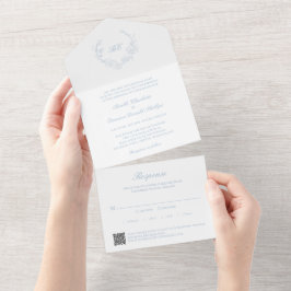 Stoffig blau krans monogram QR-code elegante bruil All In One Uitnodiging
