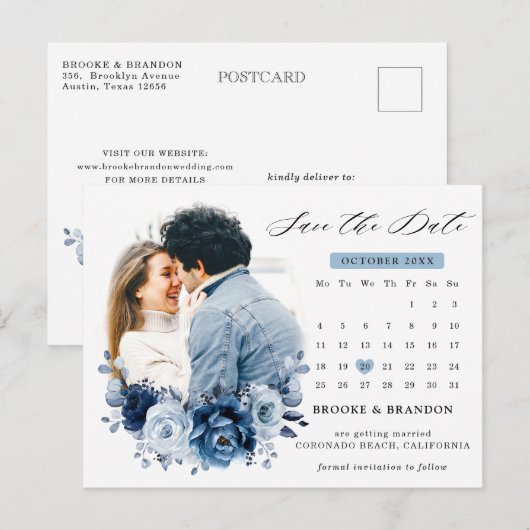 Stoffig blau leiste Navy bloemenboeket save the da Briefkaart (Voorkant / Achterkant)