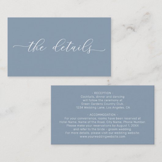 Stoffig blau minimalistische eenvoudige trouwdetai informatiekaartje (Voorkant / Achterkant)