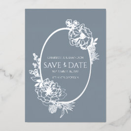 Stoffig blau moderne bloemenschets ovale vorm opsp folie uitnodiging