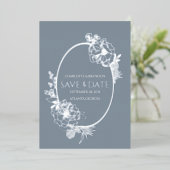 Stoffig blau moderne bloemenschets ovale vorm opsp folie uitnodiging (Staand Voorkant)