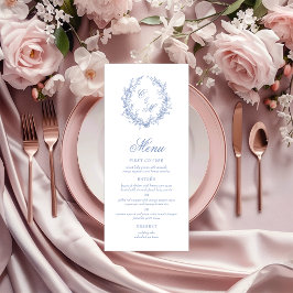 Stoffig Blau Monogram Botanieke Huwelijks Krans Menu