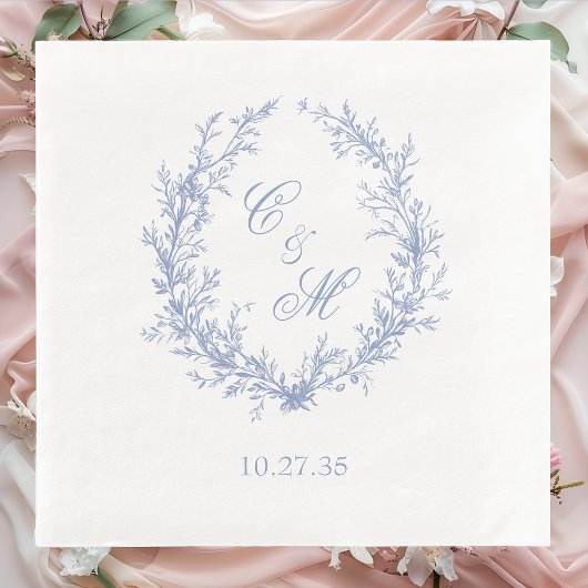 Stoffig blau monogram botanische krans bruiloft servet