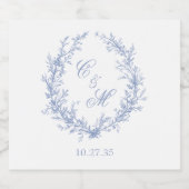 Stoffig blau monogram botanische krans bruiloft sparkling wijnetiket (Enkel label)