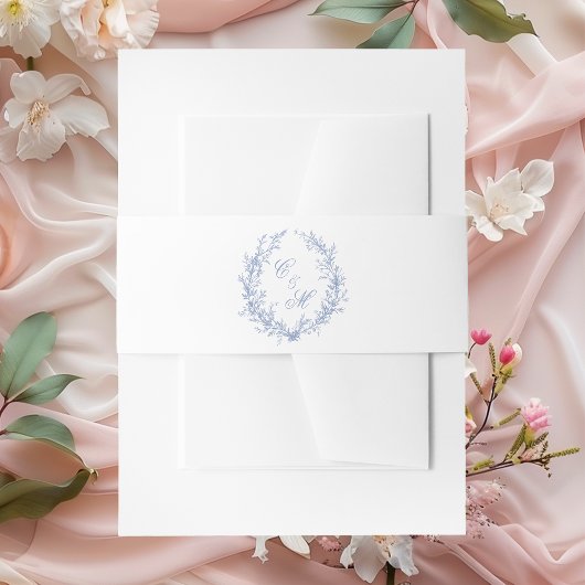 Stoffig blau monogram botanische krans bruiloft uitnodigingen wikkel