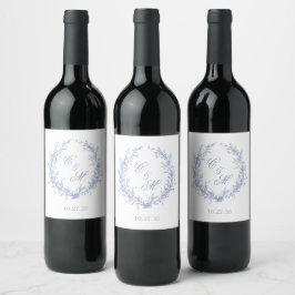 Stoffig blau monogram botanische krans bruiloft wijn etiket
