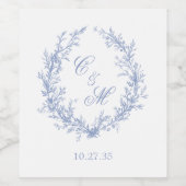 Stoffig blau monogram botanische krans bruiloft wijn etiket (Enkel label)