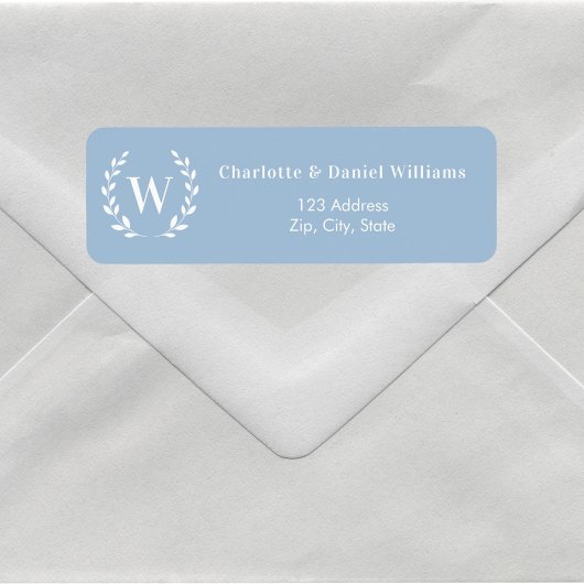 Stoffig blau monogram initiaal krans retouradres etiket