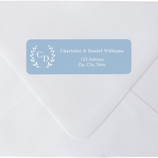 Stoffig blau monogram initiële krans retouradres etiket