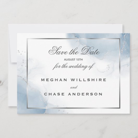 Stoffig blau schrift zilver save the date kaart (Voorkant)
