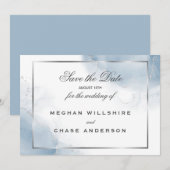 Stoffig blau schrift zilver save the date kaart (Voorkant / Achterkant)