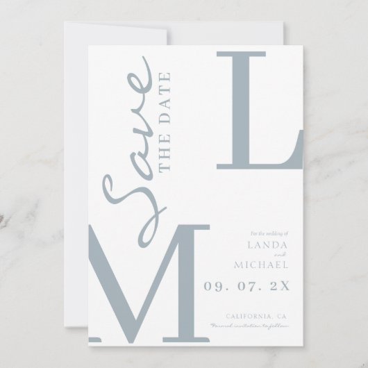 Stoffig blau stijlvol monogram trouwen save the date (Voorkant)