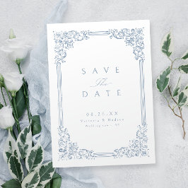 Stoffig blau vintage frame elegante trouw  save the date