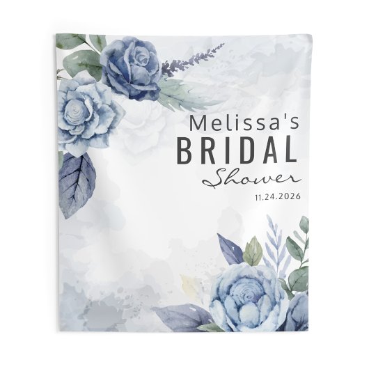 Stoffig Blau Waterverf Bloemtypografie Wandkleed
