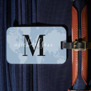 Stoffig blau wereldkaart script monogram bagagelabel