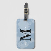 Stoffig blau wereldkaart script monogram bagagelabel (Voorkant (verticaal))