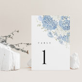 Stoffig blau-witte hortensia-watercolor tafelnumme kaart