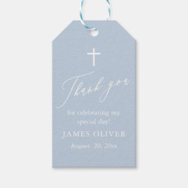Stoffig blau witte kruis jongens doop cadeau label cadeaulabel