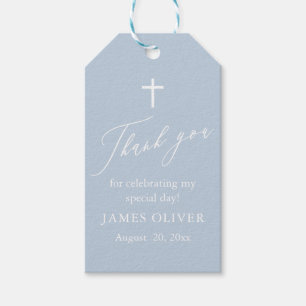 Stoffig blau witte kruis jongens doop cadeau label cadeaulabel