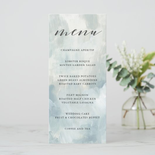 Stoffig Blauw Abstract Brushstrokes Bruiloft Menu (Staand voorkant)