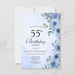 Stoffig Blauw Aquarel Bloem Chic 55ste Verjaardag  Kaart