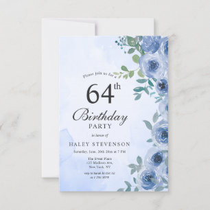 Stoffig Blauw Aquarel Bloem Chic 64ste Verjaardag Kaart