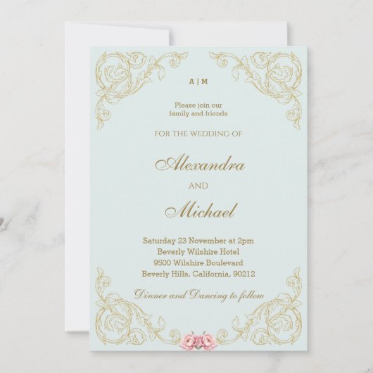 Stoffig blauw   barok bruiloft kaart (Voorkant)