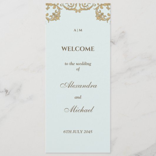 stoffig blauw barok huwelijksprogramma programmakaart (Voorkant)