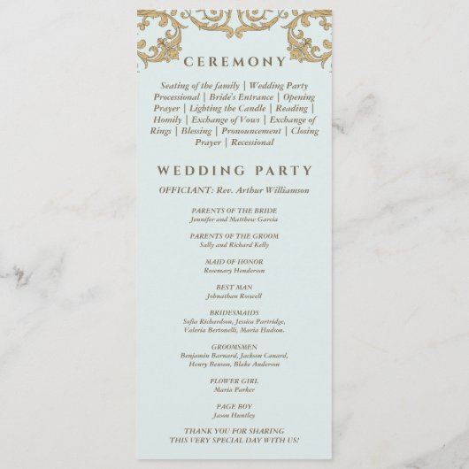 stoffig blauw barok huwelijksprogramma programmakaart (Achterkant)