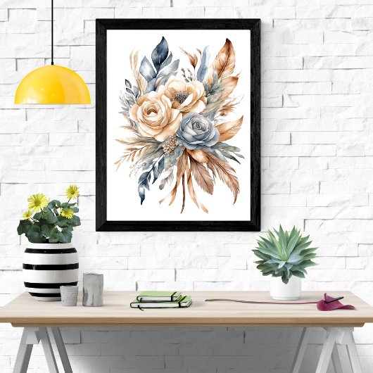 Stoffig Blauw Beige Neutrale Kleuren Bloemen Boho Poster