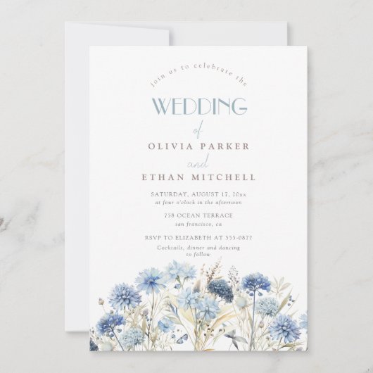 STOFFIG Blauw Beige Wildflower Bruiloft Kaart (Voorkant)