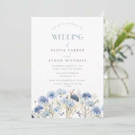 STOFFIG Blauw Beige Wildflower Bruiloft Kaart (Staand voorkant)