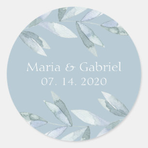 Stoffig blauw blad Gepersonaliseerde bruiloft Ronde Sticker