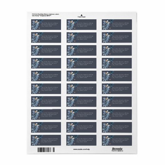 Stoffig Blauw Bladeren Witte Bloem Moderne Bruilof Etiket (Full Sheet)