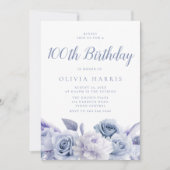 Stoffig Blauw Bloemen 100e Verjaardagsfeest Kaart (Voorkant)