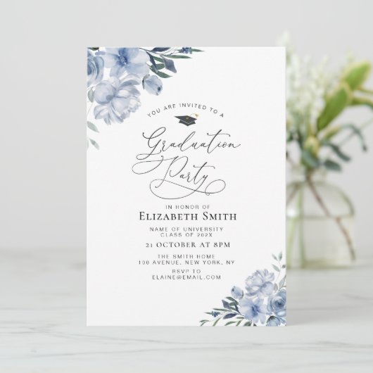 Stoffig Blauw Bloemen Afstudeerfeest Kaart (Staand voorkant)