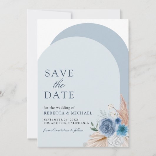 Stoffig Blauw Bloemen Boho Pampas Boog Foto QR Cod Save The Date (Voorkant)
