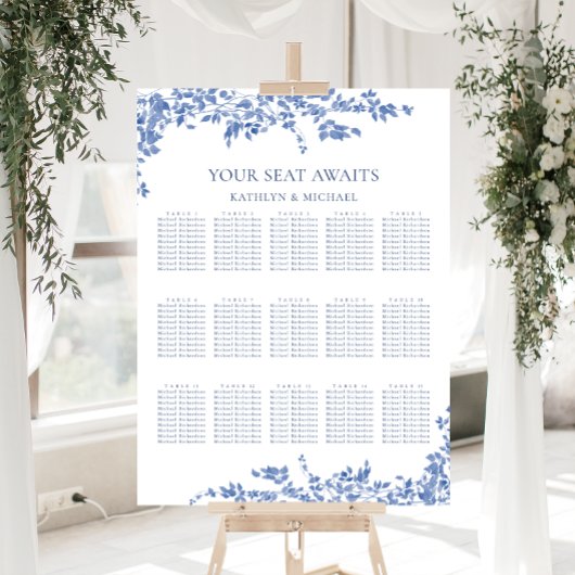 Stoffig Blauw  Bloemen Bruiloft 15 Tafel Zitplaats Poster