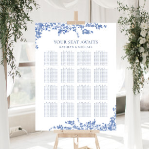 Stoffig Blauw  Bloemen Bruiloft 16 Tafel Zitplaats Poster
