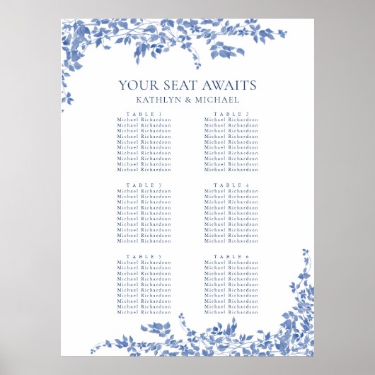 Stoffig Blauw  Bloemen Bruiloft 6 Tafel Zitplaatse Poster (Voorkant)