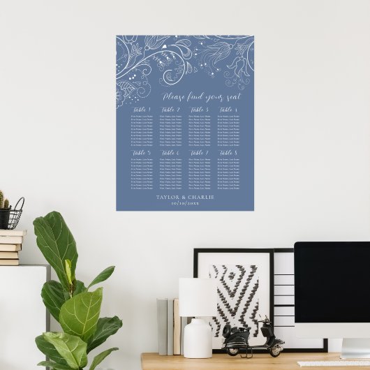 Stoffig Blauw Bloemen Bruiloft 8 Tafels Zitkaart Poster (Thuiskantoor)