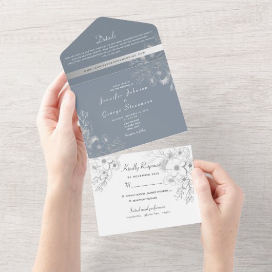 Stoffig Blauw Bloemen Bruiloft All In One Uitnodiging (Afscheurbaar)